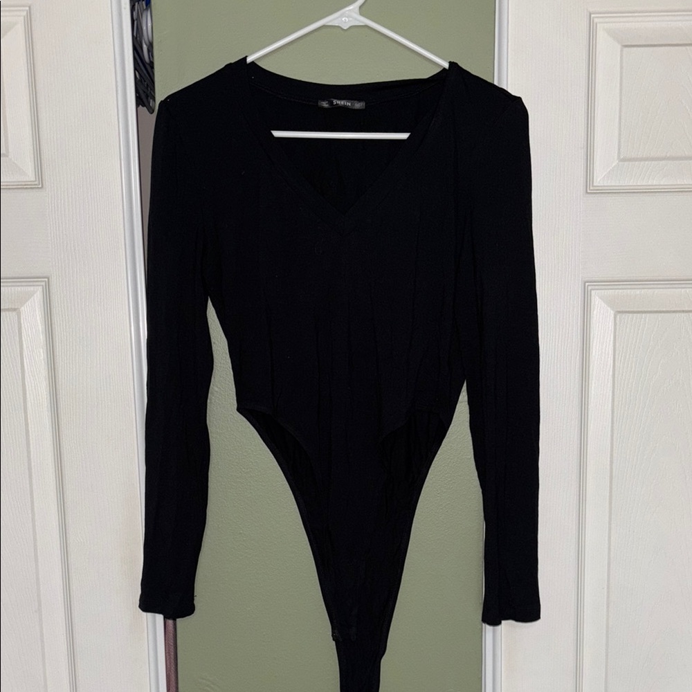 Black Long Sleeve V-Neck Women’s Bodysuit, Size Large, SHEIN